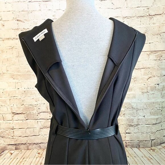 Calvin Klein Fit and Flare Black Midi Dress Leather Belt Cap Sleeves Women’s 6 - Picture 4 of 7
